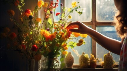 A woman touching flowers near the window