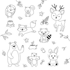 Cute forest animals in cartoon style. The nature of the forest. Bear, fox, squirrel, hedgehog, hare, raccoon. Vector black and white illustration