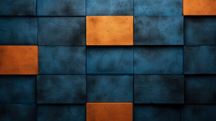 Color block background in orange and blue, wooden dark blue and orange texture, orange geometric pattern background with blue triangles, blue and orange abstract texture shapes. 
