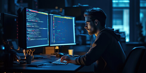 Male tester coding on desktop computer with two monitors set up in creative office.