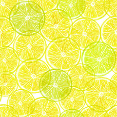 Lemon lime slice seamless pattern. Watercolor pencil illustration. Summer yellow citrus textural print. Translucent fruits background