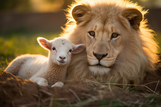 A lion and a lamb peacefully coexist in harmony 