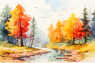 Autumn watercolor illustrates a colorful landscape with orange red and yellow trees capturing the essence of the fall season for a postcard 