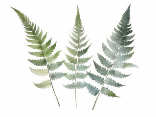 Ai Generated Art A Watercolor Painting of three Abstract Fern Leaves on the White Background in Bright Pastel Sage Green Colors