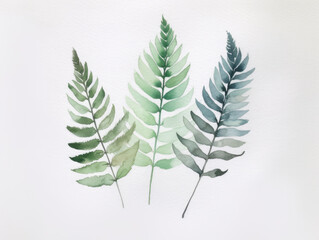 Ai Generated Art A Watercolor Painting of three Abstract Fern Leaves on the White Background in Pastel Sage Green Colors