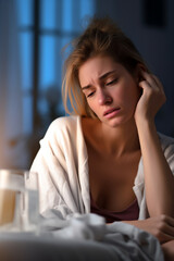 Depressed frustrated young  woman suffering from headache, migraine, touching face, head with closed eyes, feeling stressed, sick, tired, thinking over bad news, problems, crisis