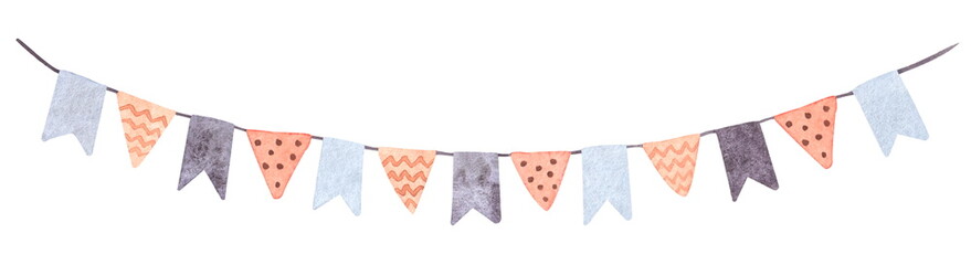 Obraz premium A hand-drawn watercolor illustration of a festive garland of orange and purple flags isolated on a white background.