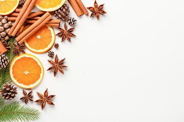 Christmas decoration with tree gingerbread cones oranges cinnamon sticks and anise stars on white background for text 