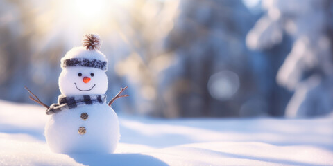 Snowman in winter sunshine on bokeh background. Christmas and New Year concept.