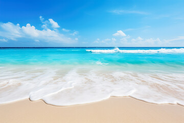 Gentle sea waves against a backdrop of pristine white sandy beach 