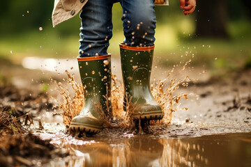 Rubber boots rain puddle and a fun lifestyle kid  splashing in puddles with feet 