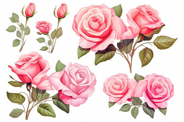 Set of beautiful pink roses flowers buds and leaves isolated on a white background for design purposes 