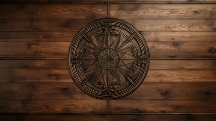Ancient luxury wooden flooring background with round ornament in the middle created with Generative AI