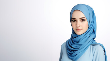 Fototapeta premium Portrait of a beautiful Arab woman wearing a hijab. Shallow field of view. Isolated on a white background with copy space.