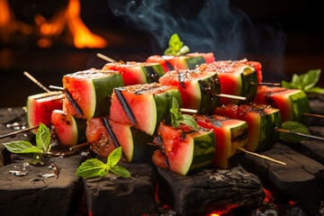 Watermelon skewers fried over a flame create a delicious treat 