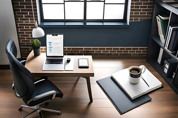 A well-organized desk with a laptop, notepad, and coffee cup, portraying a productive workspace ai generated