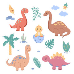 Set with cute dinosaurs and tropical plants. Childish vector illustration with clipart elements for design.