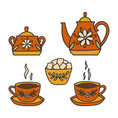 Tea set. Two red cups of tea with saucers, sugar bowl, teapot. Beautiful decorated service, vintage crockery. Colorful vector isolated illustration hand drawn doodle. Secular tea drinking