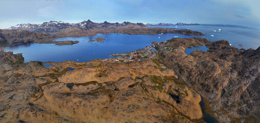 aerial view of arctic ocean in Taliisaq village of Greenland