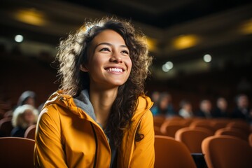 Eine lächelnde Studentin mit dunklen Haaren und gelber Jacke sitzt im Auditorium oder Hörsaal in...