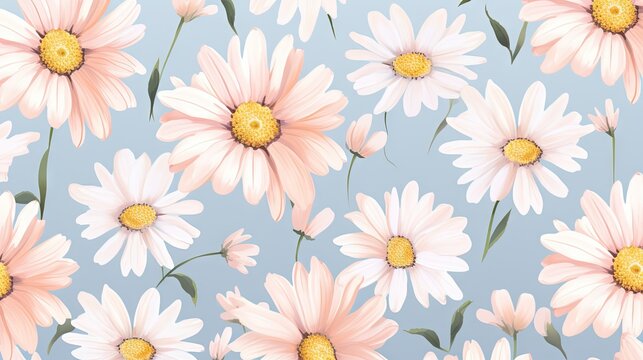  a painting of pink and white daisies on a blue background.  generative ai
