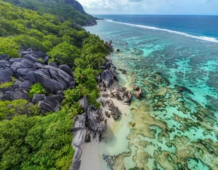 Photo sur Plexiglas Anse Source D'Agent, île de La Digue, Seychelles Aerial view of Anse Source d'Argent shore
