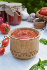 Tasty tomato sauce on light table with blurred green background. Side view, place for text copy space.   