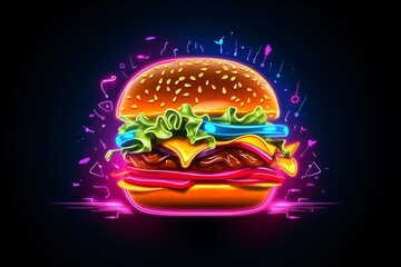 A graphic neon icon of a burger isolated on a black background - obrazy, fototapety, plakaty