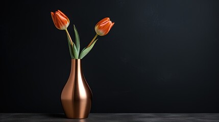  two orange tulips in a copper vase on a table.  generative ai