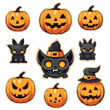 set of halloween pumpkins, scary monsters, black cat