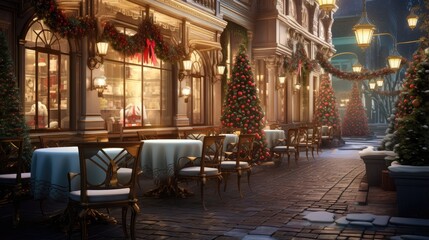 Cozy outdoor seating area with Christmas decorations
