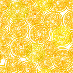 Orange transparent  slice seamless pattern Watercolor pencil illustration Summer citrus textural print Translucent fruits background
