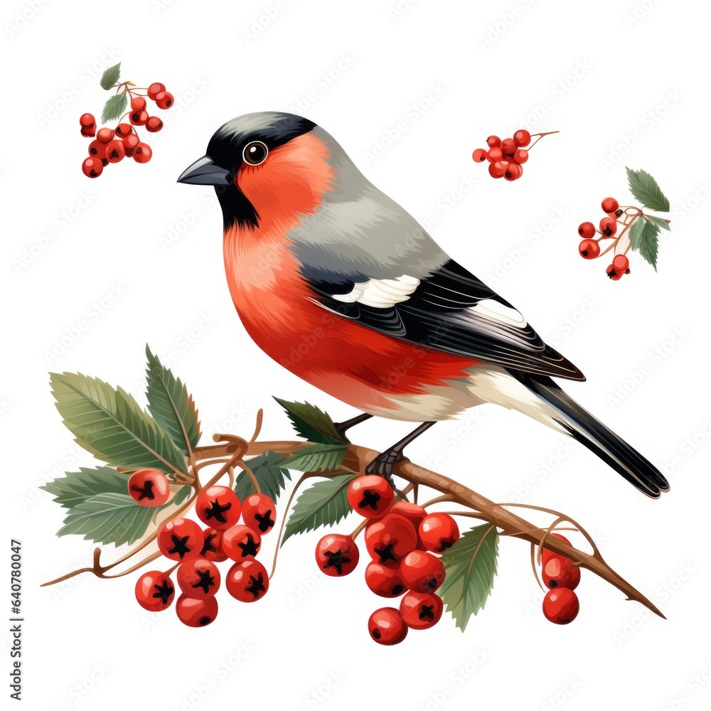 Poster a bird is sitting on a branch with berries. digital image.