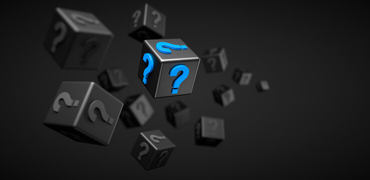 Black cubes with question marks floating on black background - 3D illustration	
