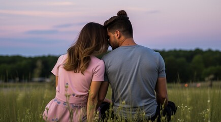 the beautiful young couple walking in the park, young couple in the nature