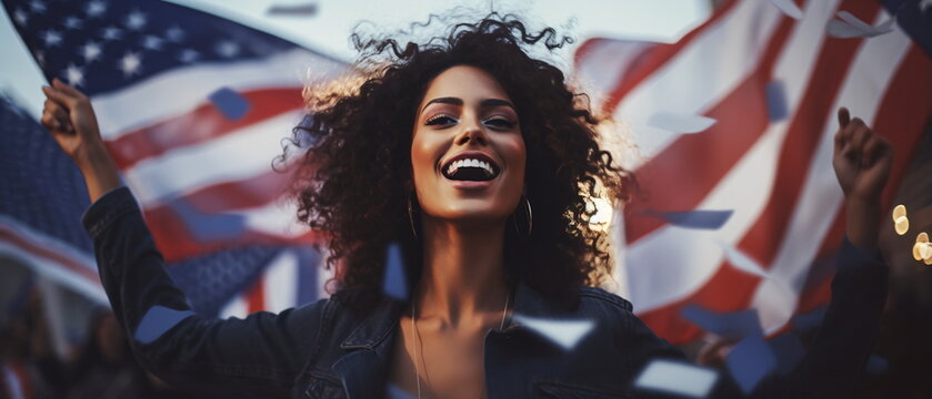 Portrait of pretty and happy american woman standing with smile, in front of american flags, shouting, celebrating victory or success. Generative ai