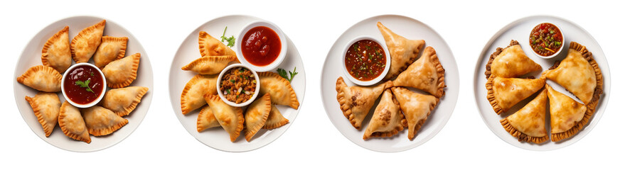Set of fried empanadas with minced beef meat served on a plate, top view. Generative AI