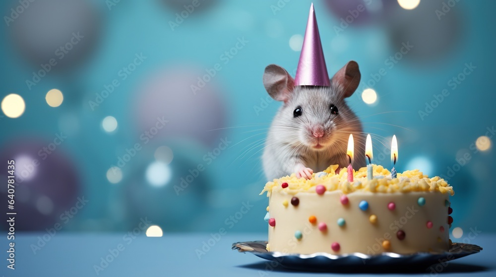 Sticker a rat sitting on top of a cake with a lit candle. generative ai