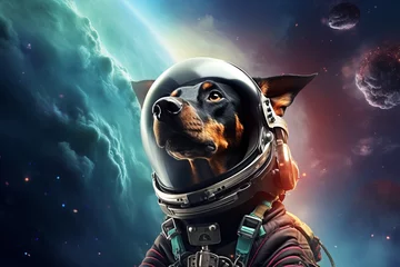 Fototapeten a doberman dog wearing an astronaut suit and helm floating in the colorful space universe, nebula behind © Romana