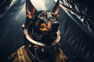 a doberman dog wearing an astronaut suit and helm floating in the colorful space universe, nebula...