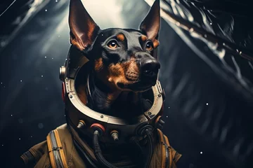 Foto op Canvas a doberman dog wearing an astronaut suit and helm floating in the colorful space universe, nebula behind © Romana