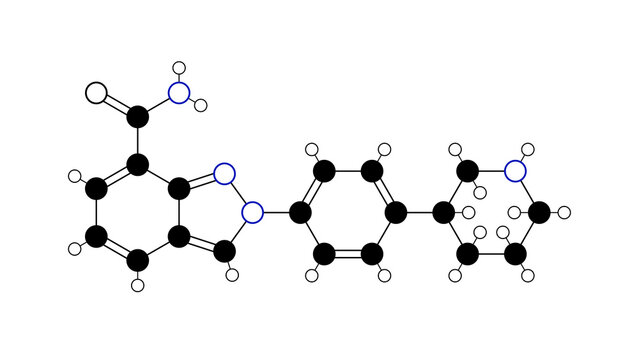 niraparib molecule, structural chemical formula, ball-and-stick model, isolated image anti-cancer medication