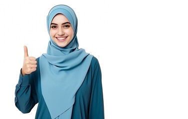 Happy Arab woman wearing a Hijab, showing thumbs up sign. Isolated on a white background with copy space.