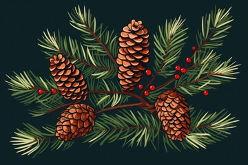 Fototapeta premium christmas fir branches with pine cones illustration