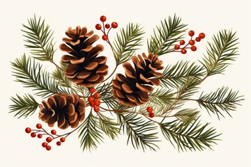 Fototapeta premium christmas fir branches with pine cones illustration