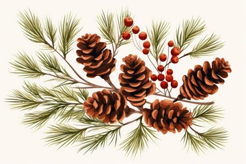 christmas fir branches with pine cones illustration