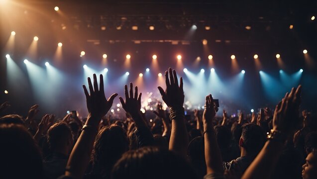 Hands at the concert, silhouettes against stage lighting. Ai generated.