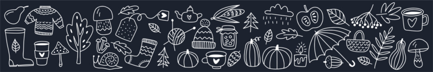Vector collection of autumn elements and objects drawn by hand in the style of doodles.