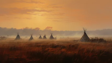 Foto op Plexiglas Tipis (also called teepees or tepees) which are Native American tents, grassland of the American west. Digital painting. © ekim