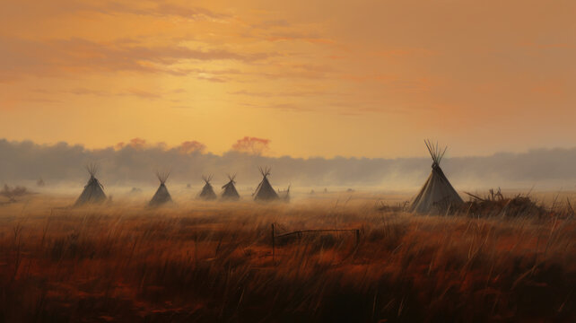 Tipis (also called teepees or tepees) which are Native American tents, grassland of the American west. Digital painting.